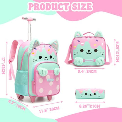 Meetbelify Backpack with Wheels for Girls Rolling Backpack Cute Cat Carry on Backpack Kids Luggage with Lunch Box Pencil Case for Elementary Student - color: Green Cat