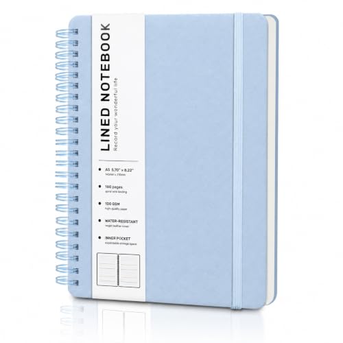 Lined Spiral Notebook for Women, A5 College Ruled Leather Spiral Journals | 160 Pages Small Journaling Notebooks, 5.7"x11" Note Book for Writing, Work, School, Men, Hardcover Leather Journals, Sky Blue - color: Light Baby Blue, size: A5
