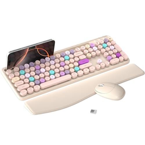 MPTOG Colorful Wireless Computer Keyboard and Mouse Combo with Phone Holder, Wrist Rest, Typewriter Keys, 2.4GHz Wireless, Full-Sized Optical Mouse for PC and Laptop (Khaki) - color: Khaki