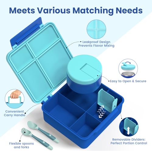 LOHASOK Bento Lunch Box Kids with 8oz Soup Thermo, Leak-Proof Lunch Containers with 4 Compartment, Thermo Hot Food Jar and Insulated Lunch Box for School Blue - color: Blue