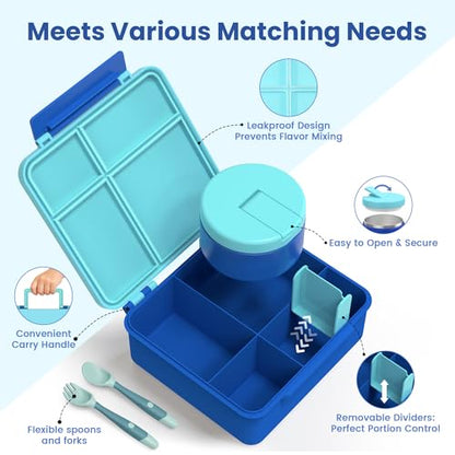 LOHASOK Bento Lunch Box Kids with 8oz Soup Thermo, Leak-Proof Lunch Containers with 4 Compartment, Thermo Hot Food Jar and Insulated Lunch Box for School Blue - color: Blue