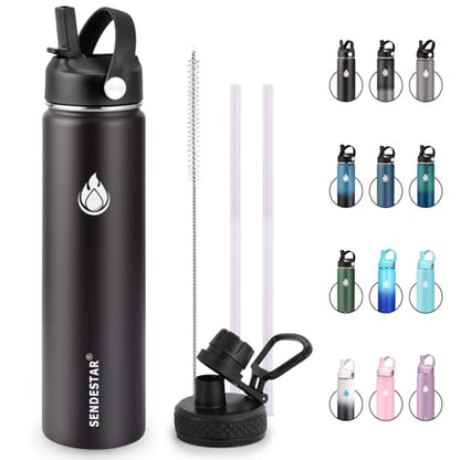SENDESTAR Insulated Water Bottle 24 OZ, Wide Mouth 24 oz Water Bottle with Straw Lid, Spout Lid, Double Wall Vacuum Stainless Steel Leak Proof, Keeps Liquids Hot or Cold (Black) - color: Black, size: 24 Ounces
