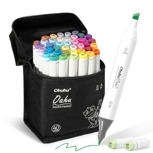 Ohuhu Alcohol Markers 40 Colors Chisel Fine AP Certified for Adult Coloring | Refillable Art Marker Set, Dual Tips Alcohol-based for Artists Beginners Adults Drawing Illustration Sketching, Oahu