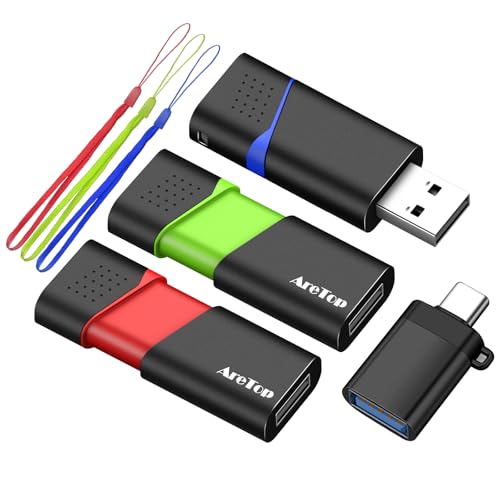 8GB Flash Drive 3 Pack with Type C Adapter, AreTop Retractable Thumb Drive | USB 2.0 Multicolor USB Drive for Date Storage, High Speed Jump Drive with Lanyard LED Indicator, 8GB 3 Pack (Red/Green/Blue) - color: 3 Pack, size: 8GB