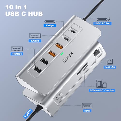 intpw 10-in-1 USB C Hub with Ethernet, 4K@60Hz HDMI, 10Gbps USB-C/USB-A, PD 100W, SD/TF, P9R PRO Docking Station for MacBook Pro/Air M1-M5, iPhone 17/16/15, iPad Pro, Windows - color: Silver Grey, size: 1.64ft