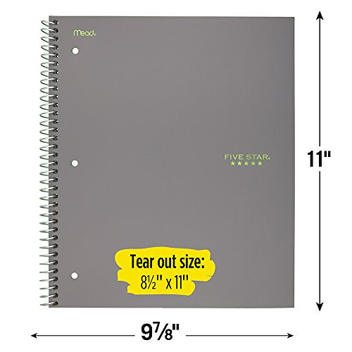 Five Star Spiral Notebook, 5 Subject, College Ruled Paper, 200 Sheets, 11" x 8-1/2", Gray (73637) - color: 06 Gray