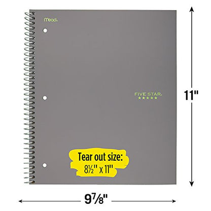 Five Star Spiral Notebook, 3 Subject, College Ruled Paper, 150 Sheets, 11" x 8-1/2", Gray (73625) - color: 06 Gray