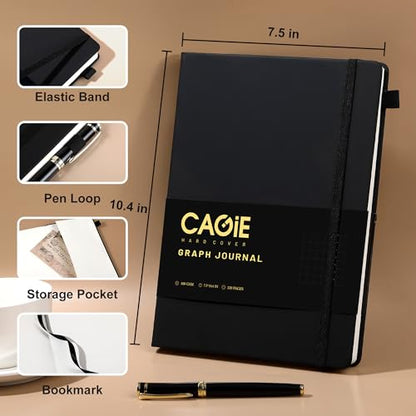 CAGIE Graph Notebook 320 Pages 100 GSM Paper Graphing Grid Journal B5 Hardcover Leather Quad Ruled Notebooks for Engineering, Math, Work, Black - color: Black, style: Graph B5