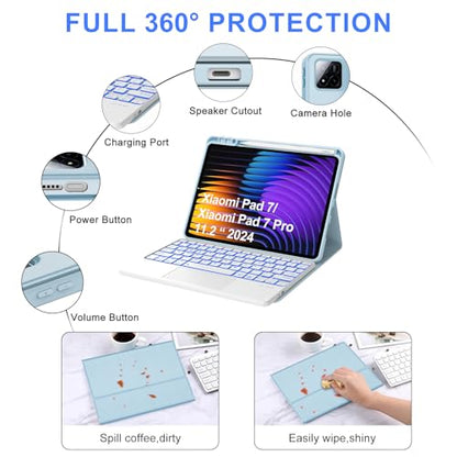 IVEOPPE Keyboard Case for Xiaomi Pad 8/8 Pro/Pad 7/7 Pro 11.2 Inch Trackpad | 7 Color Backlit, Magnetic Detachable Wireless Bluetooth Keyboard, Multi-Touch Trackpad, Stain Resistant Cover, Rechargeable - color: Light Blue (Backlit Keyboard)