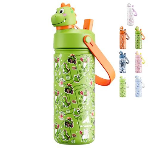 POWCAN Kids Water Bottle for School: 2-in-1 Straw Spout Lid with Soft Animal Head, Leakproof, Backpack Friendly, Keep Cold 24H, Insulated cup for Sports, Playground, Holiday Gift, Cowboy Rex 18 Ounces - color: Cowboy Rex, size: 18 Ounces