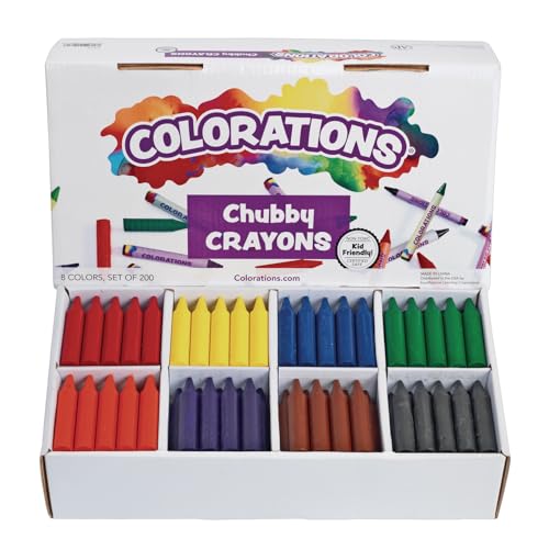 Colorations Chubby Crayons for Kids, 200 Count, 8 Colors | Short, Thick Easy-Grip Crayons, 2.68" L x 0.56" Dia Each, Bulk Classroom Pack for Toddlers, Washable, Non-Toxic, Jumbo - size: 200 Count (Pack of 1), style: Chubby Crayons - 200ct