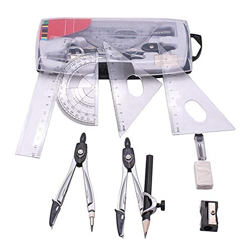 Math Geometry Kit Set Plastic Metal Geometry Protractor Drawing School Eraser Compasses Set Math Eraser Ruler for Students