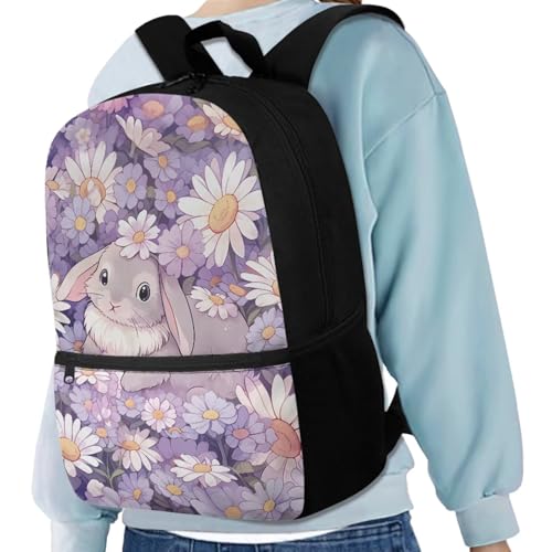 Daisy Bunny Backpack for Girls Kids Backpack with Lunch Box Water Bottle Holder with Strap and Pencil Case 4PCS Set Bookbag with Front Pocket for School Teens 17 inch Lightweight School Bag - color: Cute Bunny and Daisy Floral