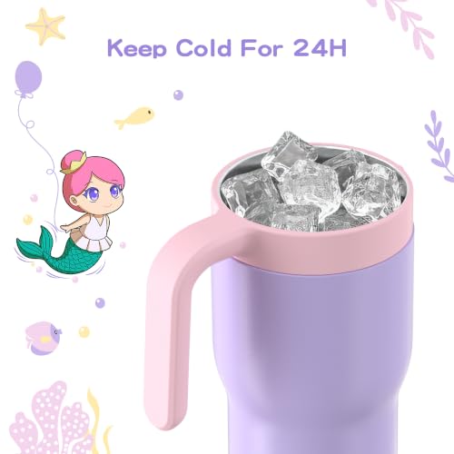 OISIZ 14oz Kids Tumbler with Straw Lid & Handle,Kids Cup with Animal Accessory for School,Kids Water Bottles with Dust-proof Cover,Leakproof Water Bottles,316 Stainless Steel,Keep Cold 24 Hours-purple - color: pearl purple