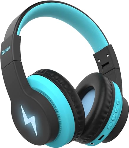 seenda Kids Bluetooth Headphones, JCH-01 Kids Wireless Headphones for School, 85/94dB Volume Limited, 45H Playtime, 3 Lighting Modes, Built-in Mic Headset with Aux Cord for iPad,Black&Blue - color: Black&Blue
