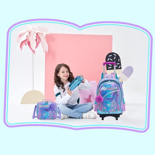 Meetbelify Girls Cute Backpack with Wheels for Elementary Students Kids Black Travel Luggage - color: Blue Mermaid