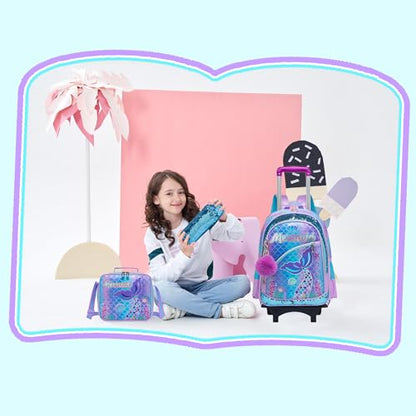 Meetbelify Girls Cute Backpack with Wheels for Elementary Students Kids Black Travel Luggage - color: Blue Mermaid