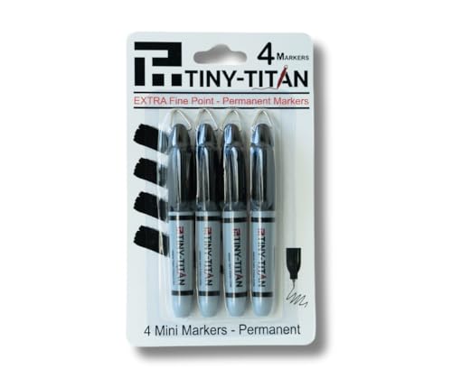 Tiny-Titan Mini Markers, EXTRA Fine Point - Permanent Ink - Metal Tip - Keychain Clip, Golf Ball Marker, Clip On Nurse's Badge - Black Ink - EXTRA Fine Point - 4 Pens