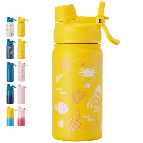 Fijinhom 12 oz Kids Water Bottle, 2-in-1 Stainless Steel Vacuum Insulated Water Bottle for Toddler, Leak Proof Spout & Straw, Double Wall Thermal Flask for Boys&Girls, School, Outdoor, Travel (Ocean) - color: Ocean, size: 12 Ounces