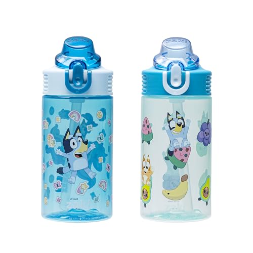 Zak Designs Bluey Sage Kids Water Bottle For School or Travel, 16oz Durable Plastic Water Bottle With Straw, Handle, and Leak-Proof, Pop-Up Spout Cover, 2-Pack Set (Bluey & Bingo) - color: Bluey & Bingo
