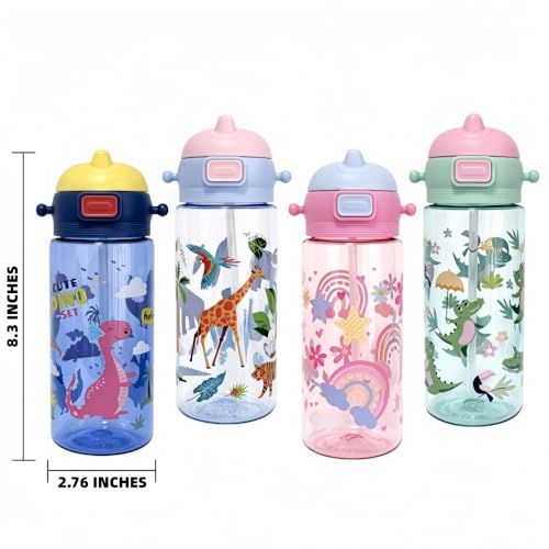 20oz Leak Proof Kids Water Bottle with Detachable Strap, Zoo | Sturdy, Shock-Resistant, Large Capacity, One-Touch Lid Opening, with Straw for School and Travel, BPA Free, Dishwasher Safe - color: Zoo