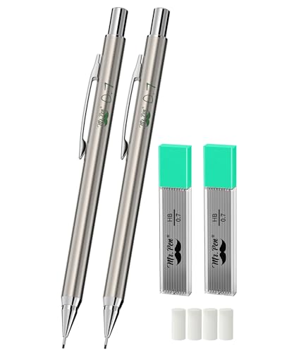 Mr. Pen- Metal Mechanical Pencil Set with Lead Refills & Erasers, 2 Pack | 0.7mm, 4x Tubes HB Lead Refill, 4x Eraser Refills for School Supplies, Note Taking, Drawing, Sketching, Office - style: 0.7mm
