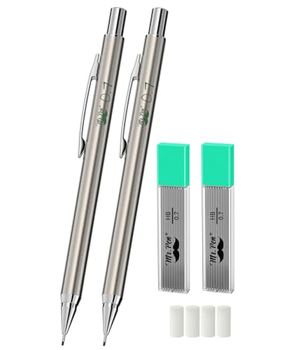 Mr. Pen- Metal Mechanical Pencil Set with Lead Refills & Erasers, 2 Pack | 0.7mm, 4x Tubes HB Lead Refill, 4x Eraser Refills for School Supplies, Note Taking, Drawing, Sketching, Office - style: 0.7mm