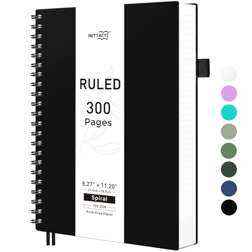 RETTACY Spiral College Ruled Notebook, 300 Pages, A4 Large Size (8.2" x 11.2"), for School, Work, Writing, Journaling, 100 GSM Thick Paper, Flexible Plastic Cover (Black) - color: Black, size: 8.2" x 11.2"
