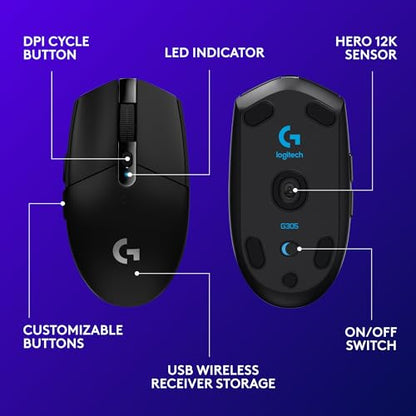 Logitech G305 Lightspeed Wireless Gaming Mouse, Hero Sensor, 12,000 DPI, Lightweight, 6 Programmable Buttons, 250h Battery, On-Board Memory, Compatible with PC, Mac - Black | Hero Sensor 12, Lightspeed 1ms Wireless, Up to 250h on 1xaa, 6 Programmable Butt