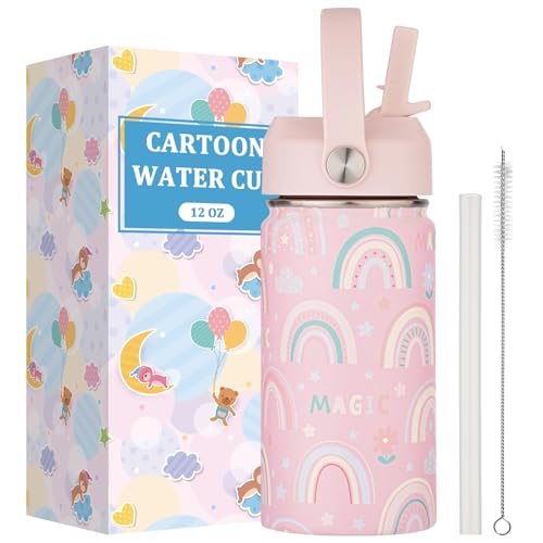Kids Water Bottle with Straw Lid-12 oz Insulated Stainless Steel Thermal Cup, Leakproof Wide Mouth Sports Bottle Keeps Cold 12H & Hot 6H for Gym Office Outdoor - color: Rainbow