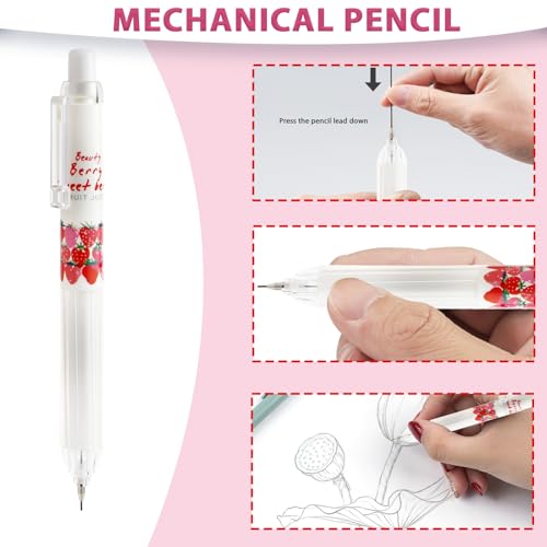 Cute Strawberry Pens Set Include Kawaii 0.5mm Strawberry Mechanical Pencil,Mechanical Pencil Lead Refills,Erasers,Gel Pens,Stickers,Strawberry Stationery Set for Office School Supplies