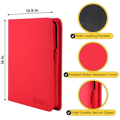 bindrz 12 Pocket Zipper Binder for 480 Sleeved Trading Cards (Red) | Side Loading Pockets Album, Archival Safe Material, Compatible with TCG MTG and Sports Collectibles - color: Red