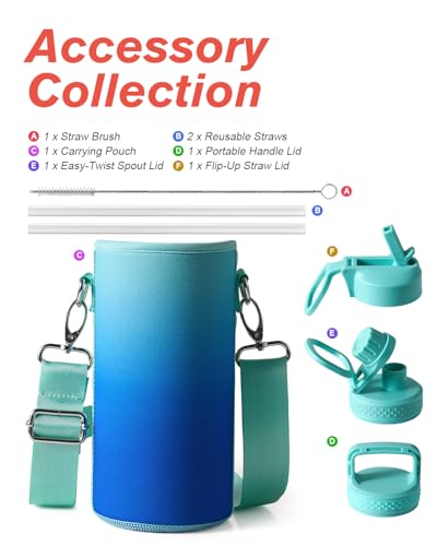 Coolflask 32 oz Water Bottle Insulated with Straw & 3 Leakproof Lids | Water Flask Stainless Steel Triple-Wall Vacuum,Cold 48+h, Dishwasher Safe,Wide Mouth,BPA-Free,Carrier Bag,for Gym,Hiking - color: Pacific Prince, size: 32 Ounces