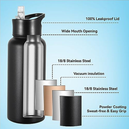 VEGOND 32 oz Insulated Water Bottle Stainless Steel Metal Water Bottles with Leak Proof Straw Lid & Spout Lid, Wide Mouth Double Walled Vacuum Travel Sports Bottle, Black - color: Black, size: 32 Ounces