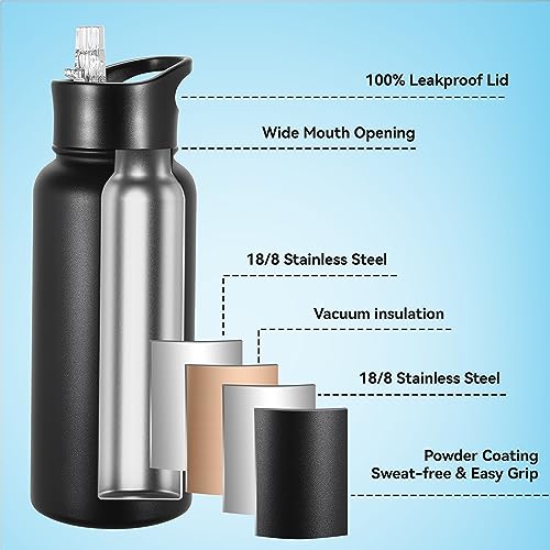 VEGOND 32 oz Insulated Water Bottle Bulk Stainless Steel Metal Water Bottles with Leak Proof Straw Lid & Spout Lid, Wide Mouth Double Walled Vacuum Travel Sports Bottle, 8 Pack - color: Black, size: 32oz-8 Pack