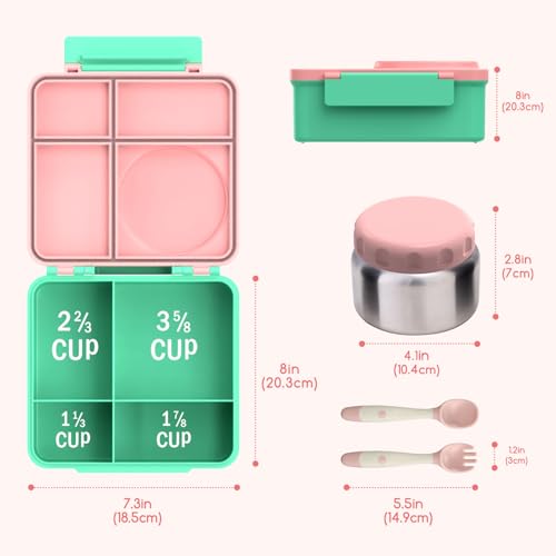 Bento Box for Kids - Leak-Proof Bento Lunch Box with Insulated Thermo Food Jar - 4 Compartments, 1 Removable Divider, 1 Spoon, 1 Fork - Dishwasher Safe, BPA-Free (Light pink) - color: Light Pink