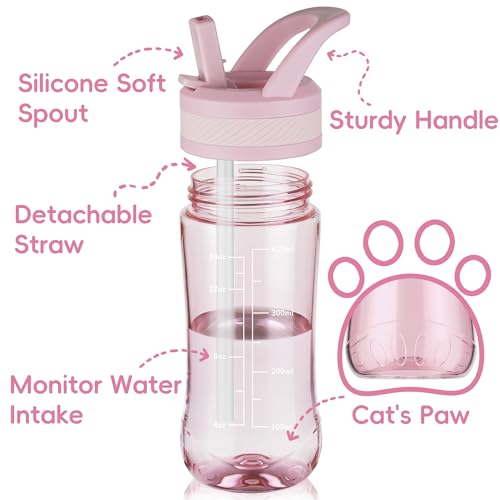 14oz Clear Kids Water Bottle with Straw Lid, BPA-Free Tritan, Measurement Scale, Sturdy Handle Wide Mouth Leak-proof Reusable Plastic Bottle for Boy& Girls, Back to School(Pink) - color: Pink