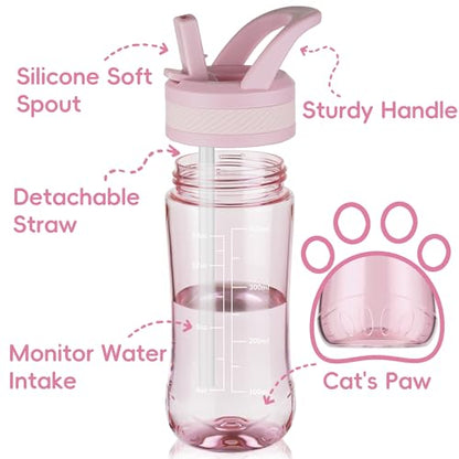 14oz Clear Kids Water Bottle with Straw Lid, BPA-Free Tritan, Measurement Scale, Sturdy Handle Wide Mouth Leak-proof Reusable Plastic Bottle for Boy& Girls, Back to School(Pink) - color: Pink