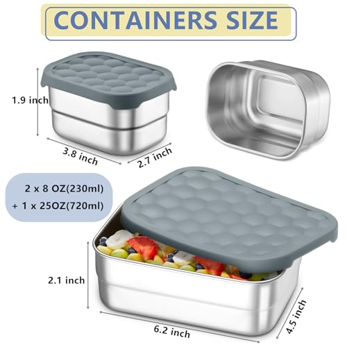 TeamFar Stainless Steel Lunch Box, Food Snack Storage Bento Containers with Silicone Lids for Kids Adults to School Work, Kids Friendly & Dishwasher Safe, Leak-Proof & Easy Open, 25OZ + 8OZ*2 (Grey) - color: Gray