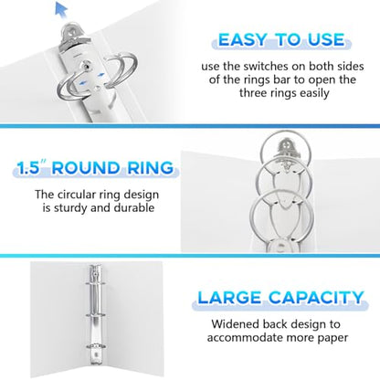 Henoyso 12 Pcs 1.5 Inch Mini 3 Ring Binders Fits 5.5" x 8.5" Paper, Holds(Capacity 350 Sheets), Plastic Flexible Three Round Rings Small White A5 Binders Bulk for School, Office Use, Photo Album - color: White, size: 1.5 Inch