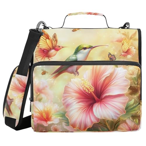 Hibiscus Blossom and Hummingbirds Zipper Binder 3 Ring 1.5 Inch School Binder Organizer with Shoulder Strap Handle File Folder Pockets Large Capacity Students Girl Boy Men Office Work - color: Hibiscus Blossom and Hummingbirds