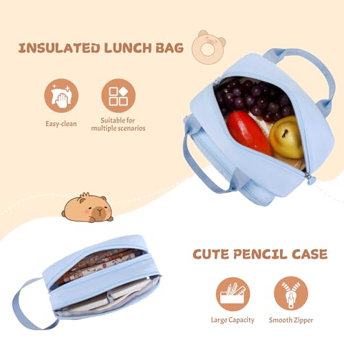 Capybara Rolling Backpack for Girls - 3PCS Girls Backpack Kids Suitcase with Lunch Box & Pencil Case Travel - Capybara Backpack with Wheels for Kindergarten Preschool Elementary (Blue) - color: Blue