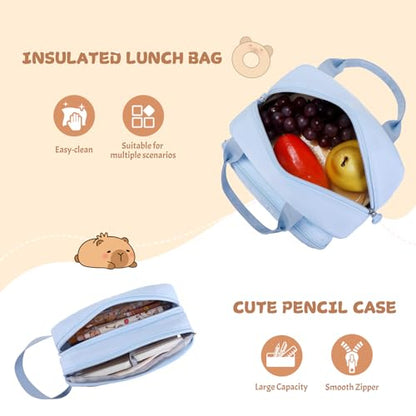 Capybara Rolling Backpack for Girls - 3PCS Girls Backpack Kids Suitcase with Lunch Box & Pencil Case Travel - Capybara Backpack with Wheels for Kindergarten Preschool Elementary (Blue) - color: Blue