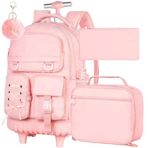 KLFVB Rolling Backpack for Girls, 3PCS Roller Bookbag with Lunch Bag for Kids, Wheeled School Bag for Teen - Pink Ribbon Bow - color: Pink Ribbon Bow Rolling Backpack
