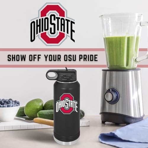 Ohio State University 32oz Stainless Steel Double Walled Black Beverage Bottle with Flip Straw Spout - College Gear for Playoff Season – For Office, Home or Auto – Show your Buckeye Pride - style: Ohio State / Black