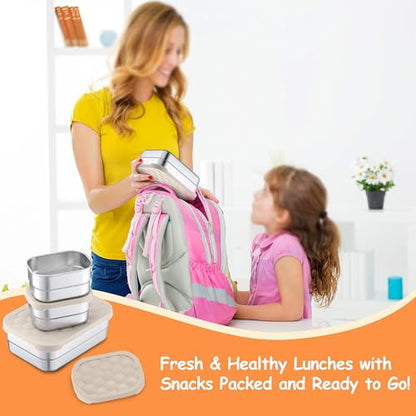 Homikit 3 Pack Kids Lunch Box Set, 18/10 Stainless Steel Bento Boxes with Silicone Lids Leak Proof, 5 Cups Reusable Metal Food Snack Containers for School Daycare, Nontoxic & Dishwasher Safe, Khaki - color: Khaki, size: Medium
