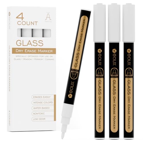 YEOUX Dry Erase Markers for Glass Board, 4 Pack (White) | 1mm Ultra-Fine Tip, Easy Wipe Off, No Residue, Liquid Chalk, Whiteboard Compatible