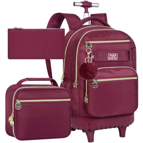 3Pcs Rolling Backpack for Girls Women, 19 Inche Adults Roller Backpacks with Wheels, School Wheeled Bookbag with Lunch Box(Wind Red) - color: Wine Red