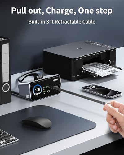 MOKiN 8-in-1 Charging Station, 3 USB-C,2 USB-A,3 AC, GaN Desktop Charger Station with Retractable Cable, 1500J Surge Protector Power Strip for iPhone 17/16,MacBook Pro, Laptop,Gaming Desk Accessories