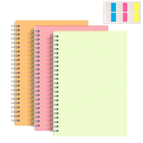 RETTACY Graph Grid Paper Notebook, 3-Pack, 160 Pages per Pack, A5 Medium Size (5.7'' × 8.3''), 100 GSM Thick Paper, Spiral-bound, Flexible Plastic Cover, for Students, Homework, Math, Engineering - color: Pink & Green & Orange, style: Grid